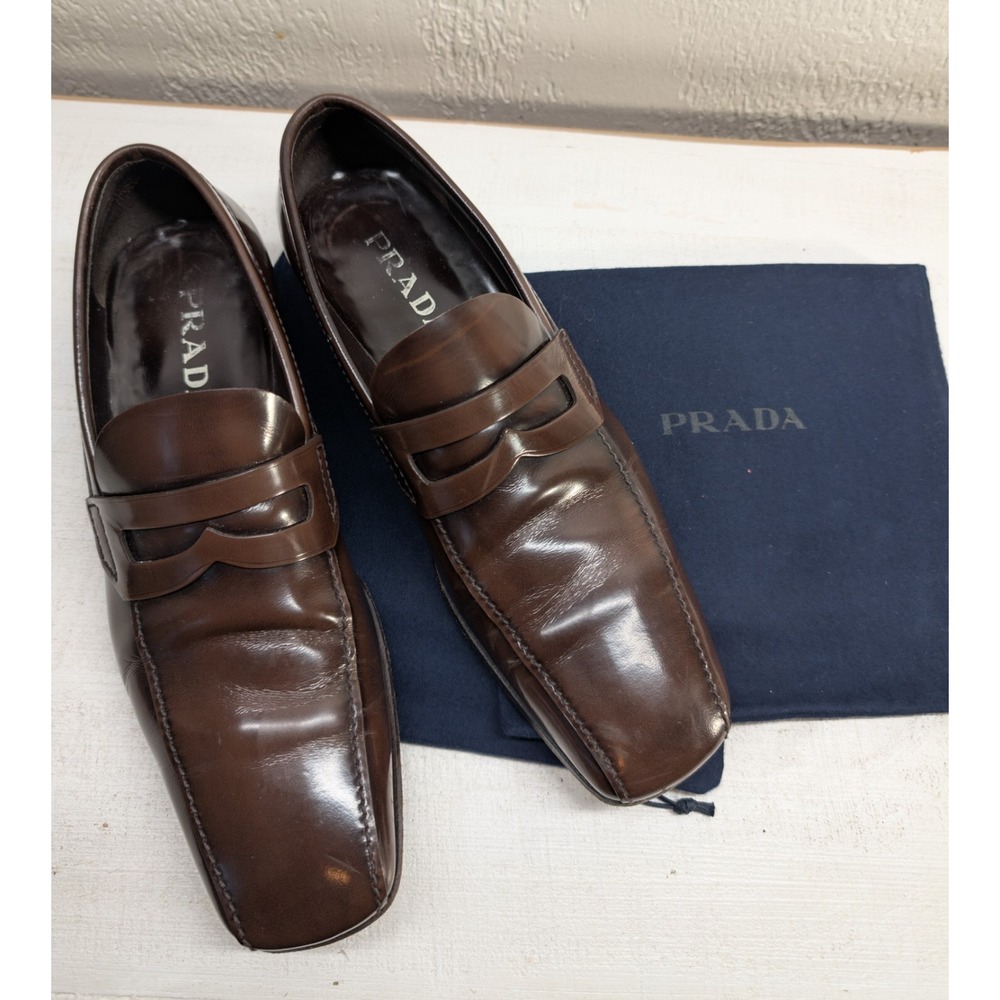 Prada Men's Dress Shoes Square Toe Penny Loafer Brown Leather Sz 7 - Picture 14 of 15
